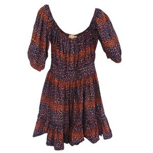 Grass-Fields African Print Smocked Puff Sleeve Midi Dress Orange Navy Blue XL